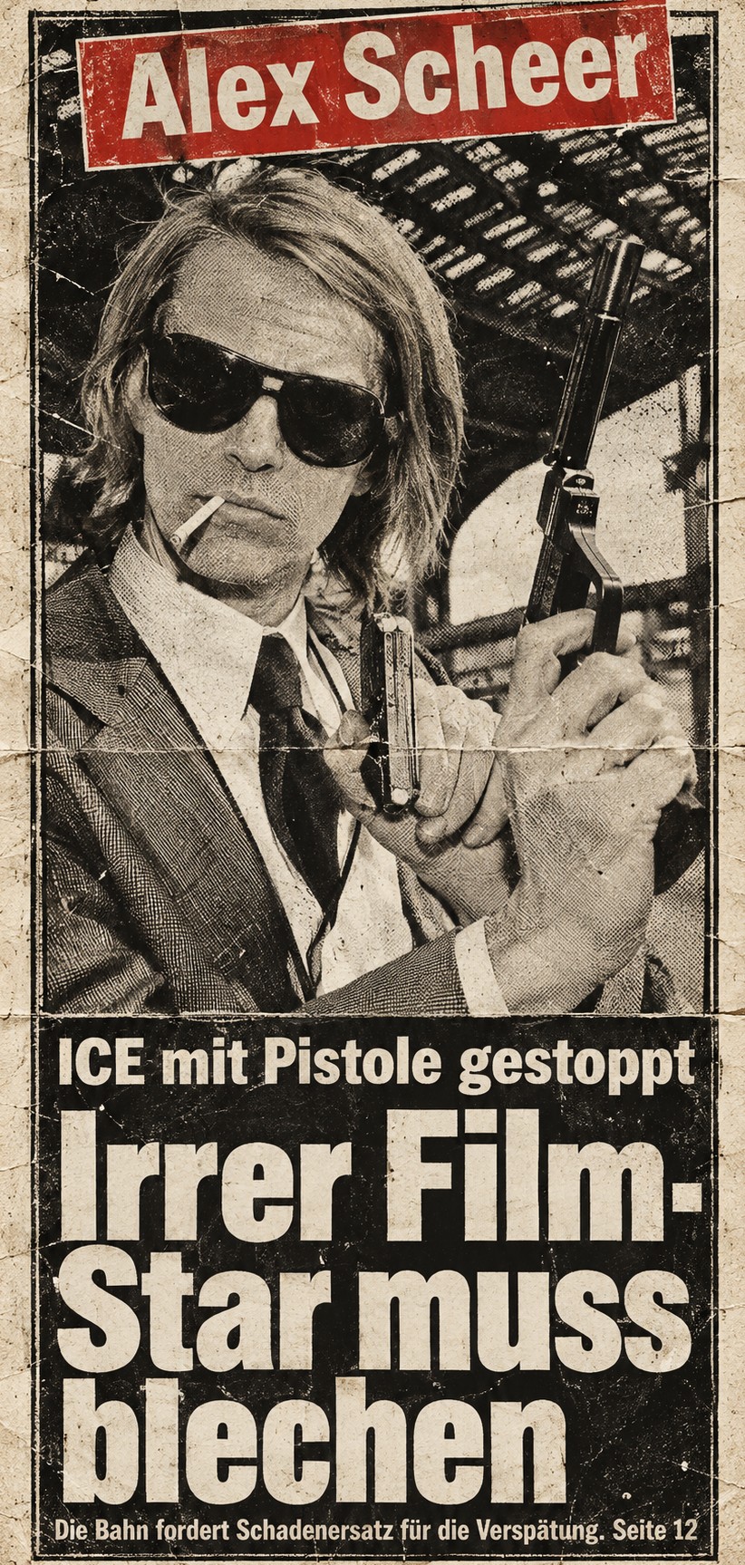 Zeitungsausschnitt: ICE mit Pistole gestoppt – Irrer Film-Star muss blechen